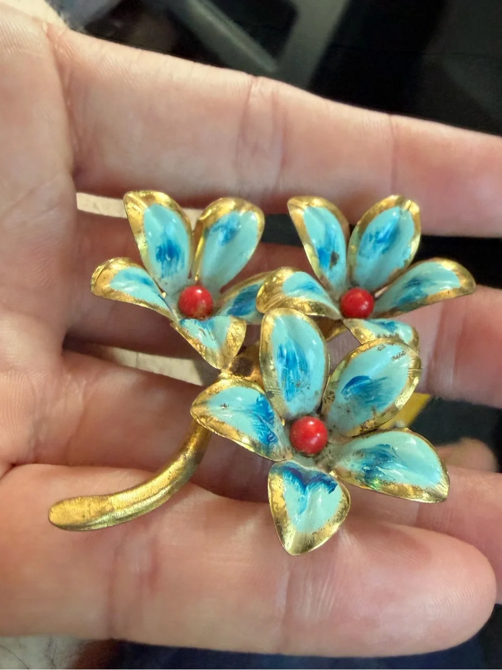 Vintage Gold Tone Blue Flower Brooch